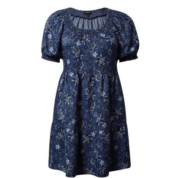 Torrid Dress Milkmaid 2X Blue Floral Mini Chambray Puff Sleeve Smocked Feminine - Picture 1 of 16
